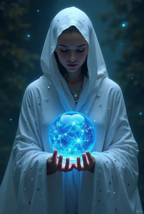 
Woman with her head is covered with a starry white cloak, The mantle does not show his face in his hands he has a blue crystal ball where you can see the constellation Aquarius