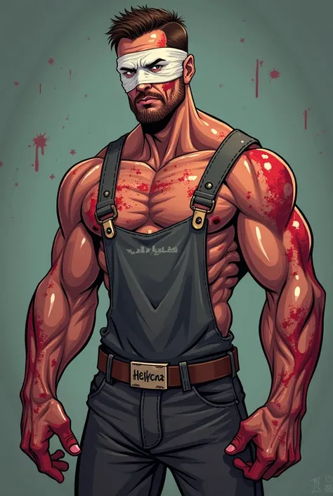  cartoon illustration of a man with a bandage on his face,  Concept art inspired by Doc Hammer ,  winner of the deviantart contest ,  Self-destructive art , tough guy male monster,  muscular character,  game character  art, hombre musculoso,  muscular char...