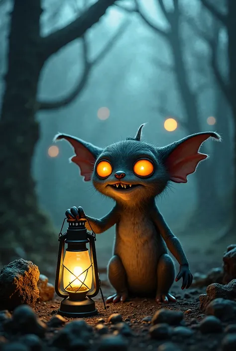 "A small, once-cute fantasy creature now transformed into a slightly unsettling entity in a dark, misty forest. Its fur is unkempt, its large glowing eyes emit an eerie light, and its sharp but not overly exaggerated teeth peek through a subtle, unsettling...