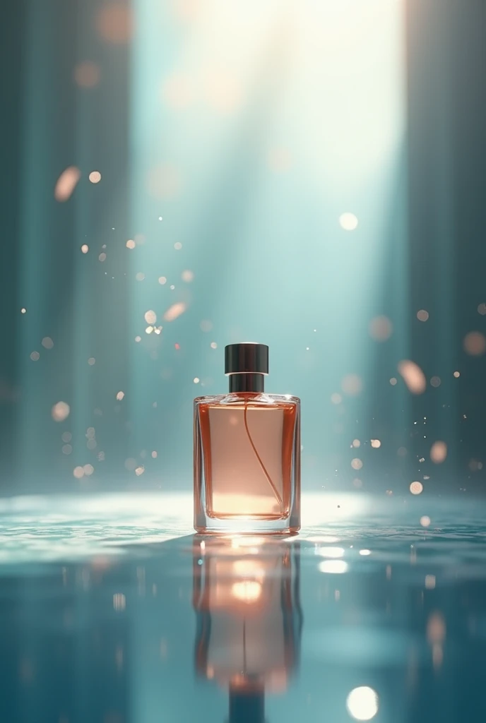  Dynamic image with blur effects and diffused lights . A bottle of perfume in the foreground ,  accompanied by elements that suggest movement and sensations