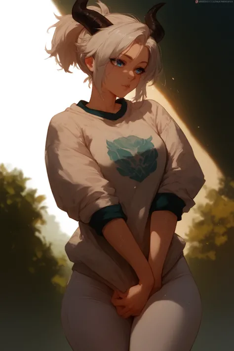 Woman, fair skin, blue eyes, white hair, short hair,, anime style, white sweatshirt, White leggings,Rolled up sleeves, ponytail Horns, dragon scales 