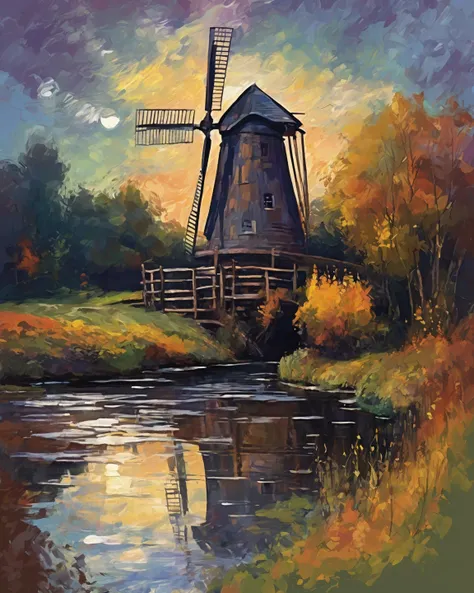  Impressionist night painting of a mill, with large spatula , rough stylized sketch style ,  high resolution sweatshirt, 