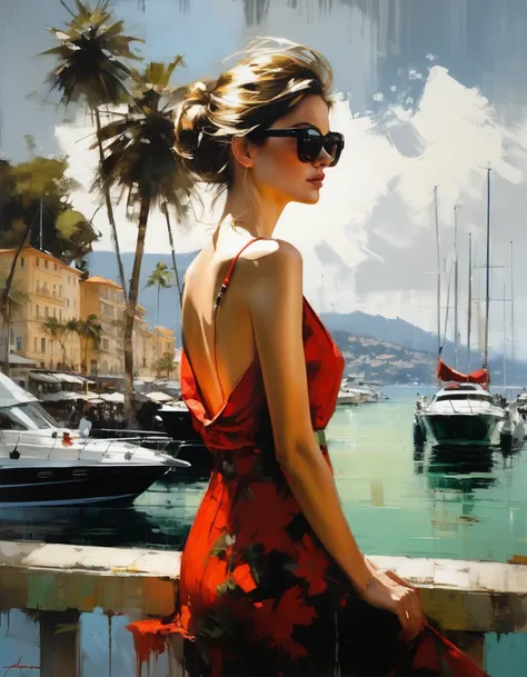 painting of a young woman, with a BLACK, OCHRE, GREEN and gold dress, SUNGLASSES, ELEGANT HAPEL...PIER WITH YACHT AND SAILBOATS, COCONUT TREES,...MONACO LANDSCAPE, BACKGROUND LANDSCAPE WITH NATURAL, REALISTIC AND SOFT COLORS, , 10 AM...lots of flowers,,,,,...