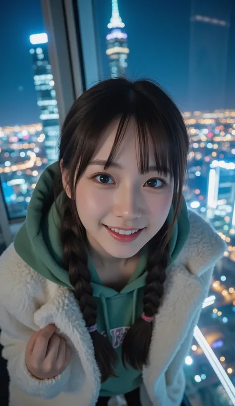 An 18-year-old Japanese girl standing inside a glass observation deck of a towering skyscraper at night, captured from the knees up. She wears a cozy green hoodie layered under a fluffy white faux fur coat, her braided hair softly resting over her shoulder...