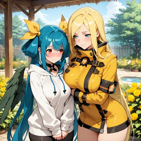 2girls, millia rage and Dizzy, guilty gear,cowboy shot, garden, Hugging, big large breasts, shy smile, hooded eyes, blushing, ,, masterpiece, best quality, amazing quality, detailed background, intricate details