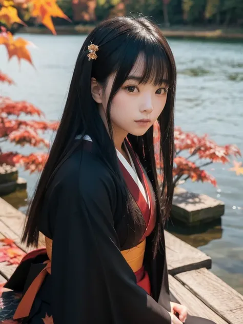 A young woman with long black hair, wearing a dark kimono, sits pensively by a serene lake surrounded by vibrant red autumn leaves. In the background, traditional wooden buildings reflect on the water's surface, creating a tranquil atmosphere.