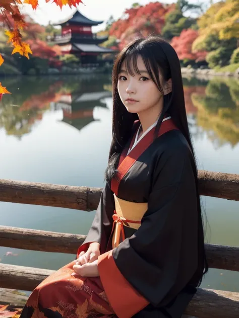 A young woman with long black hair, wearing a dark kimono, sits pensively by a serene lake surrounded by vibrant red autumn leaves. In the background, traditional wooden buildings reflect on the water's surface, creating a tranquil atmosphere.