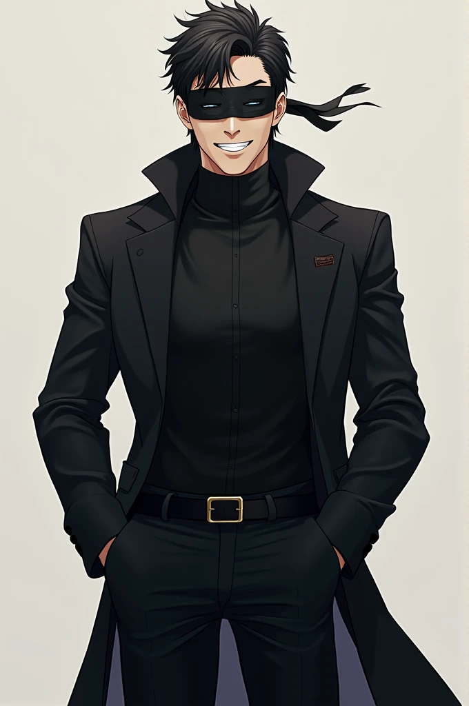 (masterpiece, best quality:1.2), solo, male focus, 1boy, satoru gojo, grin, looking at viewer, hands in pockets, blindfold, black jacket, black pants 