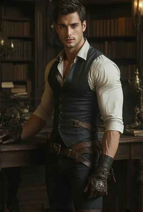 (masterpiece, best quality, realistic, ultra high detailed, UHD, view from a distance, facing the camera), Steampunk Detective’s Office A handsome, muscular detective leans against a desk in his dimly lit steampunk office. ((His vest is fully opened, total...