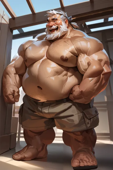 lindong, chubby old man wear shorts, (chubby:1.3, fat, fat belly, big belly, musclegut), human, construction, topless, cargo shorts, standing, nipples, happy expression, extremely detailed muscle, detailed face, face, detailed eyes, eyes, detailed muscle, ...