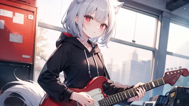  wolf girl。 Silver Hair。 red eyes。 red hoodie。 school uniform。 and plays the guitar。 Sports。 sad expression。whole body