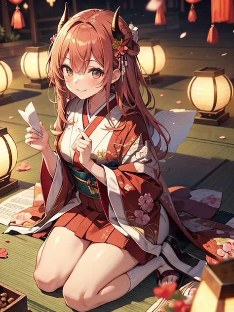  high resolution,  top quality,  anatomically correct,  textured skin,  very detailed,  background blur,  1girl , A mischievous smile, from above, looking at viewer, A charming and mischievous oni fairy,  setsubun, small curved red horns and delicate trans...