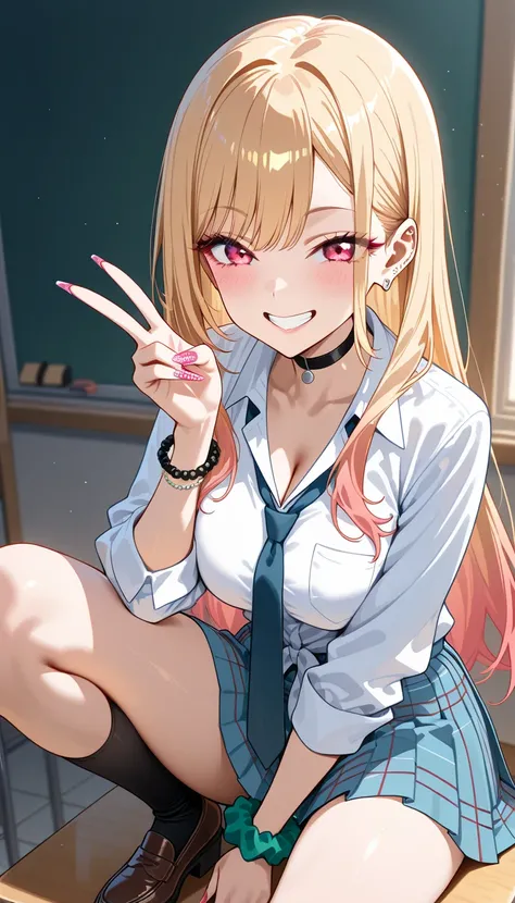 Marin Kitagawa, long hair, blonde hair, light pink ombre hair, red eyes, earrings, ear piercing, stud earrings, black choker, loose necktie, school uniform, collared shirt, bead bracelet, bangle, grin, long fingernails, pink nails, nail art, gyaru, pleated...