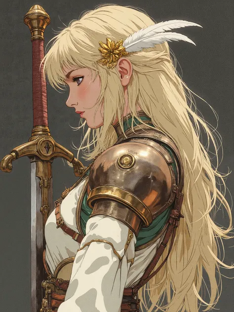  girl, about fifteen years old, with long blond hair and brown eyes,  turned in profile ,  with two white feathers behind the ears,  armor with a golden lotus clip on her head, in a delicate white dress with elements of armor, a sword is pressed to his che...