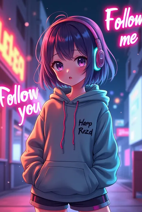 Image of an anime gamer girl who says with neon letters follow me and follow you on Instagram and in threads.