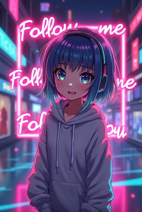 Image of an anime gamer girl who says with neon letters follow me and follow you on Instagram and in threads.