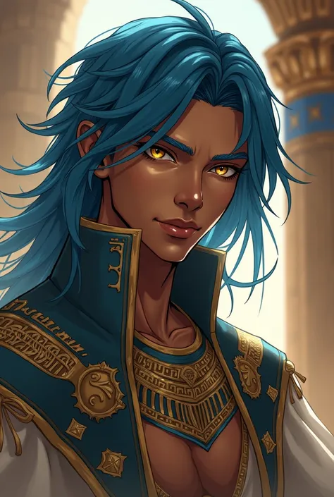 A brown-skinned anime man with smooth blue hair and golden eyes wearing Egyptian clothes.
