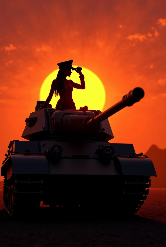 Anime Style 2 .5d silhouette painting、 a former German tank soldier girl pulls her upper body out of a tank turret、 wearing an old German military hat 、The tank is a teagawan 、Searching for enemies with binoculars with both hands、Sunset background in the d...