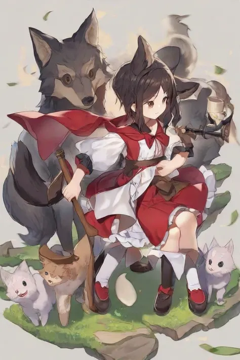  top quality,   Ultra High Resolution,(( cute  playing with cats)),( small tits),Wolf ears、Wolf Tail、He has a big axe in his hand、 semi-long black hair, brown eyes, Little Red Riding Hood,white and red costume