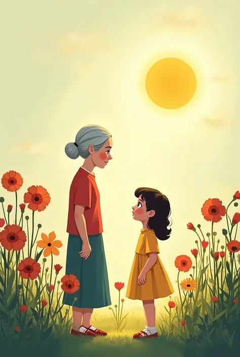 Illustration of Lila and her Grandma standing in the garden, looking worried at the wilted flowers, which droop sadly. The scene is bright but the flowers appear droopy, contrasting the sun's warmth overhead.