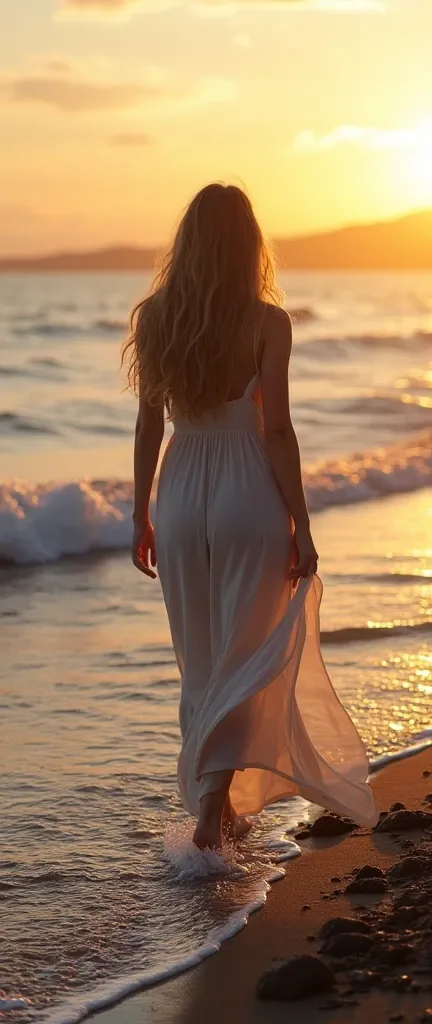 The most beautiful Scandinavian woman in the world is strolling gracefully along the coastline where gentle waves are lapping. In the distance, countless small islands spread out, and the sunset paints the sea golden. She walks wearing a long dress flutter...