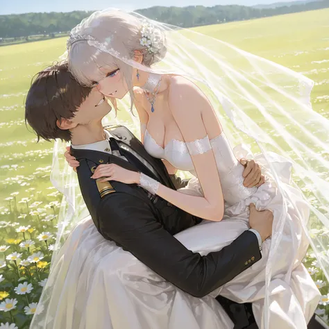 Masterpiece,  best quality,  Amazing Quality ,  Very Aesthetic , absurdres, up to date,  Scenery, High Resolution, absurdres, Masterpiece,  best quality, Flower field setting, Pre-wedding photo, Carrying the bride in a bridal stlye

1boy, Commander Nikke, ...