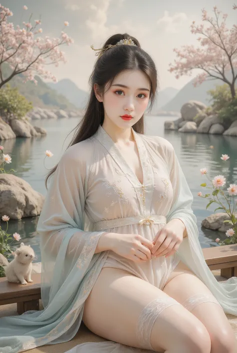 8k, masterpiece, best quality, two-dimensional, (Chinese traditional ink painting:0.2), (perfect hands:1.4), stockings，Wearing hanfu，The stockings on the legs are exposed，River in the background，koyama，Small animals