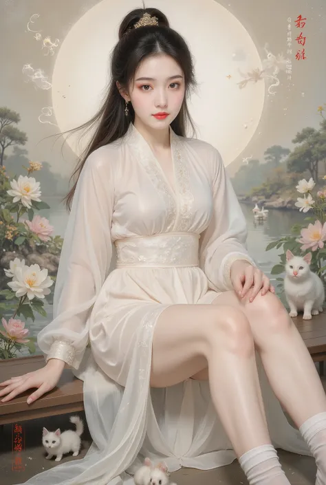 8k, masterpiece, best quality, two-dimensional, (Chinese traditional ink painting:0.2), (perfect hands:1.4), stockings，Wearing hanfu，The stockings on the legs are exposed，River in the background，koyama，Small animals