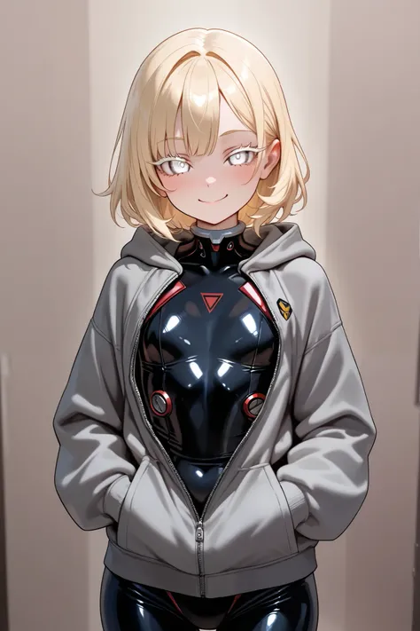 Tall, blonde, white eyes, blode eyelashes, mesugaki, grey hoodie, thick thights, shiny skin, flat chest, smile, hands in jacket's pocket, pilot suit, black body suit