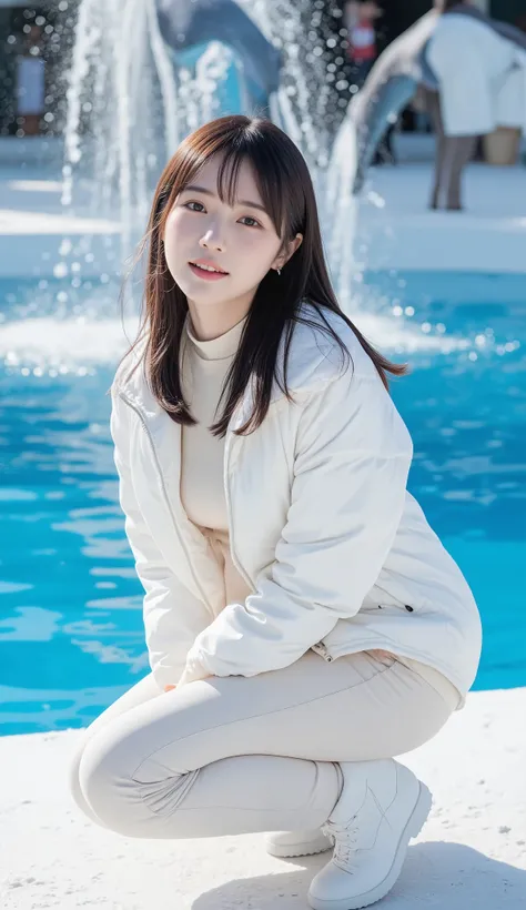 A beautiful young Japanese woman is photographed from the knees up enjoying a winter dolphin show at an outdoor aquarium. She is warmly dressed in a stylish cream shirt, matching cream pants, white winter boots, and a luxurious white silk Moncler puffer co...