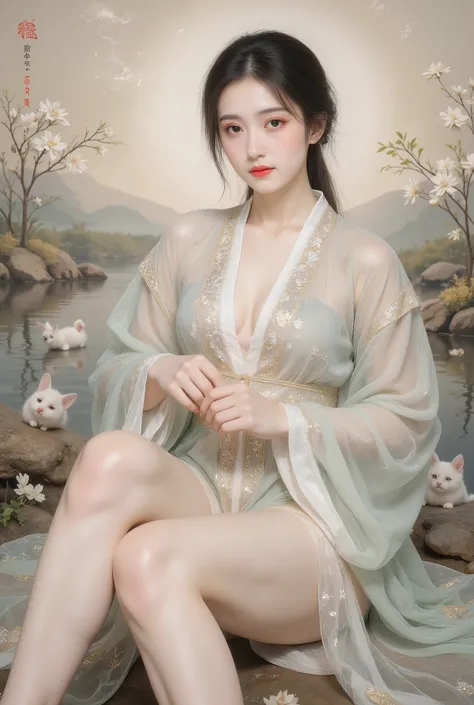 8k, masterpiece, best quality, two-dimensional, (Chinese traditional ink painting:0.2), (perfect hands:1.4), stockings，Wearing hanfu，The stockings on the legs are exposed，River in the background，koyama，Small animals