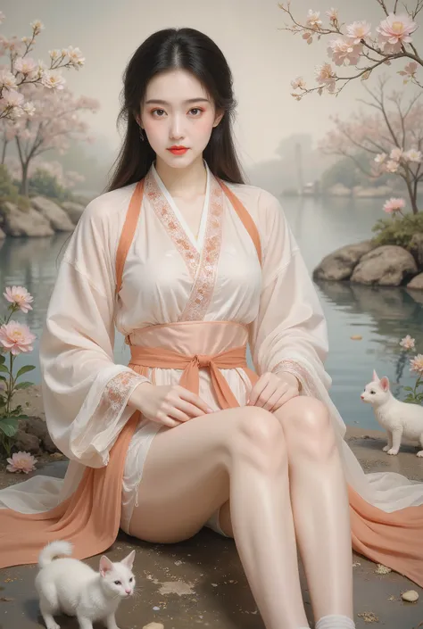 8k, masterpiece, best quality, two-dimensional, (Chinese traditional ink painting:0.2), (perfect hands:1.4), stockings，Wearing hanfu，The stockings on the legs are exposed，River in the background，koyama，Small animals