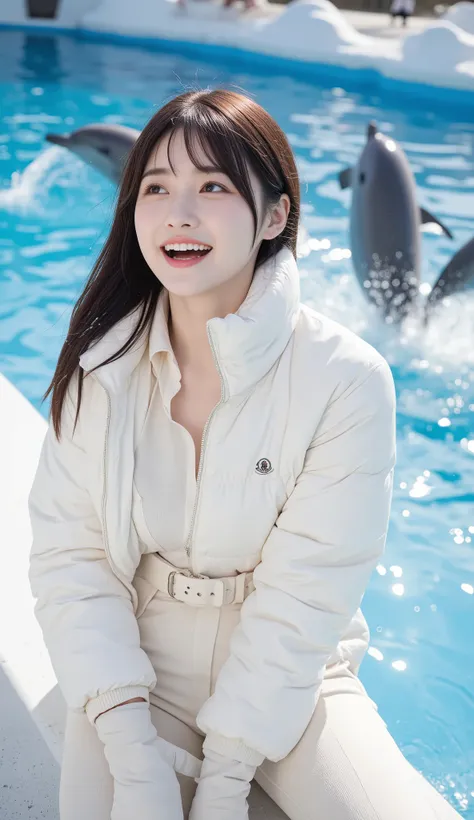 A beautiful young Japanese woman is photographed from the knees up enjoying a winter dolphin show at an outdoor aquarium. She is warmly dressed in a stylish cream shirt, matching cream pants, white winter boots, and a luxurious white silk Moncler puffer co...