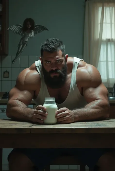 Strong man sitting at a kitchen table with a jar of milk and who is sad as an angle that can be seen up close to his face