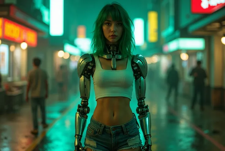  18-year-old woman with robot arms in a futuristic city standing in the middle of the street.  play green,  big breasts operated , all the cyberpunk style ,  at night, covered breasts, without showing nipples, jean shorts, ripped white top,