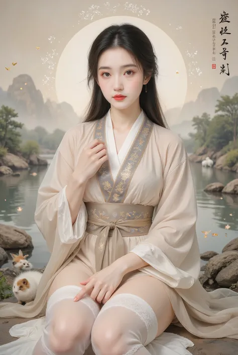 8k, masterpiece, best quality, two-dimensional, (Chinese traditional ink painting:0.2), (perfect hands:1.4), stockings，Wearing hanfu，The stockings on the legs are exposed，River in the background，koyama，Small animals