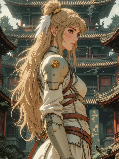 A girl with long blond hair and brown eyes,  turned in profile ,  with two white feathers behind the ears,  armor with a golden lotus clip on her head, wearing a delicate white dress with elements of armor and a sword on the side of the belt against the ba...