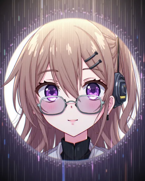 1girl, High Resolution, Long Hair, Brown Hair, Hair Between Eyes, Jewelry, Purple Eyes, Earrings, Hair Clip, Ear Headphones, Viewfinder, Afterimage, Sunglasses, Cinematic Lighting, Depth Of Field, Motion Lines, Anime Style, 