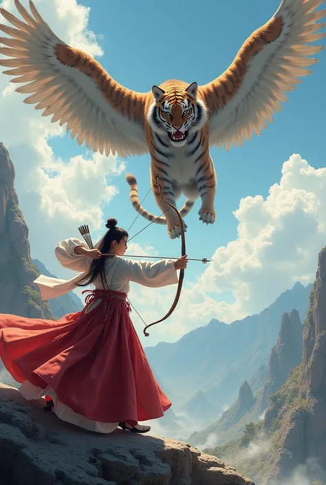 A   wearing a hanbok shoots an arrow from the mountain at a winged villain tiger flying in the sky