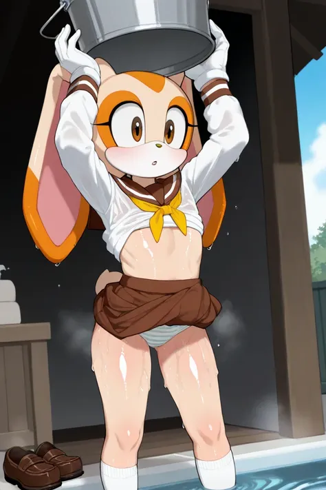 cream the rabbit, school sailor uniform, brown skirt, short white shirt with long sleeves, brown sailor fuku, yellow ribbon, small white socks, brown school shoes, cream and white striped panties, ffppwet, sweating, shiny luminous, oiled skin, oily skin, s...