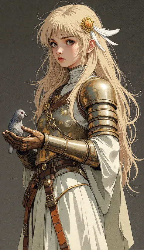  girl, about fifteen years old, with long blond hair and brown eyes, with two white feathers down behind their ears,  armor with a golden lotus clip on her head, in a delicate white dress with elements of armor with a small gray bird in his hands, dark gra...