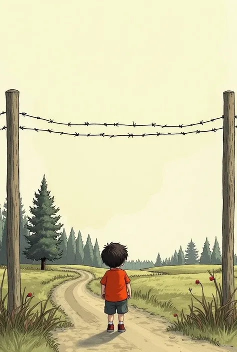 Example 5: The Fence from Afar
Scene Description: Illustrate the scene where Bruno first sees the fence from a distance while playing outside. In your drawing, depict him standing at a distance, looking curiously at the barbed wire fence that separates him...