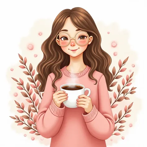 Create in a flamboyant, minimalist book style:  a girl Super cute with wavy and soft brown hair cascading down the back,  with softly flushed cheeks ,  holding a cup of steaming coffee with a satisfied smile .  She wears a cozy pink sweater with delicate k...