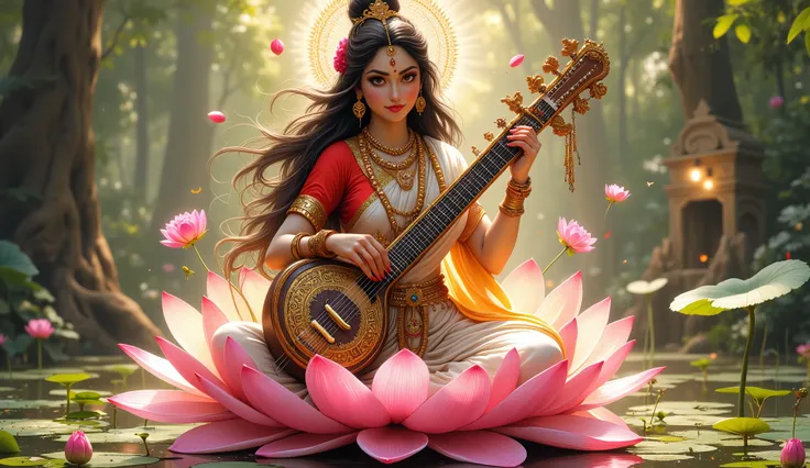 (Hyper detailed, extremely detailed, highest resolution, highest mega pixel, perfect photography, cinematic shot, perfect lighting, perfect pose, beautiful woman as goddess saraswati, portrait of Goddess Saraswati ((((light cream-pinkish saree red blouse, ...