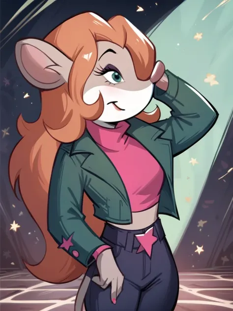 score_9, score_8_up, score_7_up, score_6_up, score_5_up, score_4_up, Talia_Squeaks, open jacket, green sweater, jeans, detailed face, detailed eyes, detailed background, 