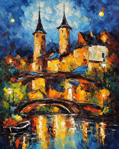 Stylized rough moulin by night impressionistic painting with large palette-knife