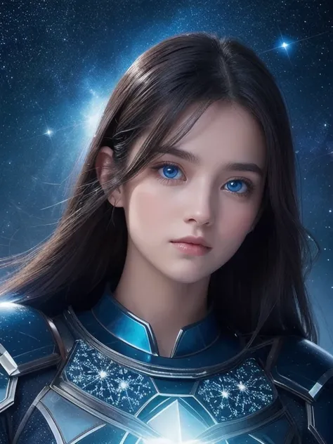 A lone female, stargazer with flowing dark hair gazes up at the vast starry sky with her brilliant, sparkling blue eyes. She is adorned with intricate silver-blue armor, the surface of which sparkles with reflections of the celestial bodies. The stars shin...