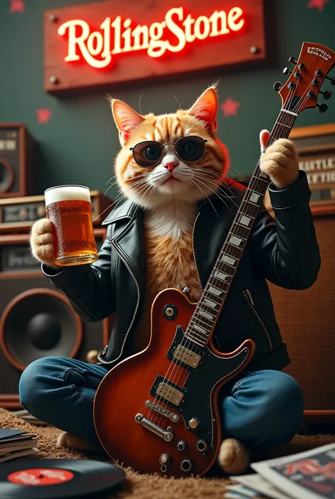 a cat, rocker, Listening to Rollingstone rock and soda stereo with a beer in hand and a smiling guitar 