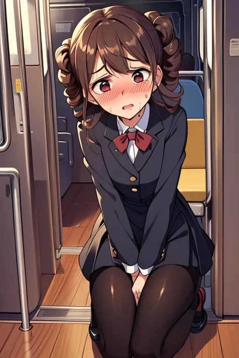 (ultra-detailed, best quality, anatomically perfect body), (full body:1.2), (formal OL dress:1.3), (black pantyhose:1.2), (round face:1.2), (on a bus), (leg crossed:1.3),(hand between legs:1.3), (have to pee:1.1),(urge to pee:1.3), (very desperate to pee:1...