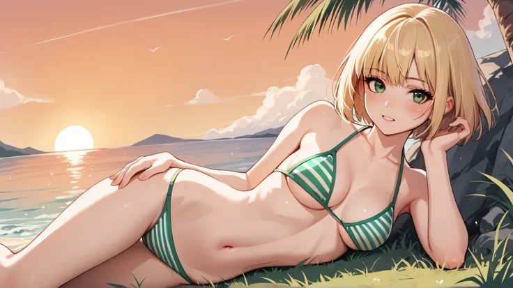 score_9_up, score_8_up, score_7_up, 1girl, solo, source_anime, Beautiful eyes BREAK 

Bob cut, blonde hair, short hair, Green eyes, medium breasts BREAK 

Red bikini, navel, striped bikini BREAK 

Standing, looking at viewer, blush, closed mouth, teeth BRE...